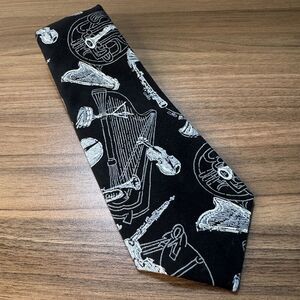 D'em Crazy Musical‎ Theme Neck Tie Black White Orchestra Flute Sax Tuba Violin
